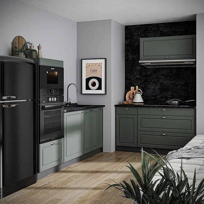 Vicco Küchenzeile - Breite: 340 cm, Grün-Gold Landhaus, Ohne Elektrogeräte - Stilvolle Küche mit zweifarbigen grünen Schränken, schwarzen Geräten und dunklen Arbeitsplatten, in einem modernen Wohnbereich.