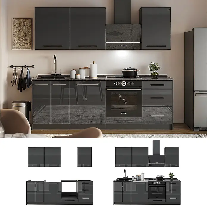 Vicco Küchenzeile - Anthrazit Hochglanz, Ohne Elektrogeräte - Modernes, dunkelgraues Hochglanz-Küchenschrank-Set mit integriertem Backofen, Spüle und Kochfeld, inklusive Ober- und Unterschränken.