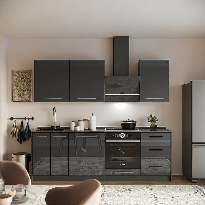 Vicco Küchenzeile - Anthrazit Hochglanz, Ohne Elektrogeräte - Dunkelgraue, glänzende Küchenzeile mit integrierter Spüle, Kochfeld und Backofen in einer modernen Küche.