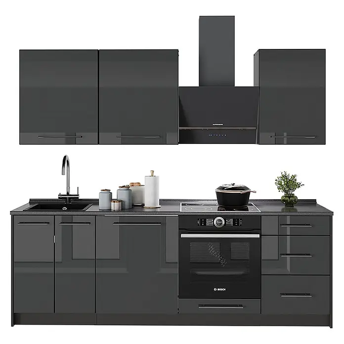 Vicco Küchenzeile - Anthrazit Hochglanz, Ohne Elektrogeräte - Dunkelgraue, glänzende modulare Küche mit Spüle, Kochfeld, Backofen und Dunstabzugshaube.