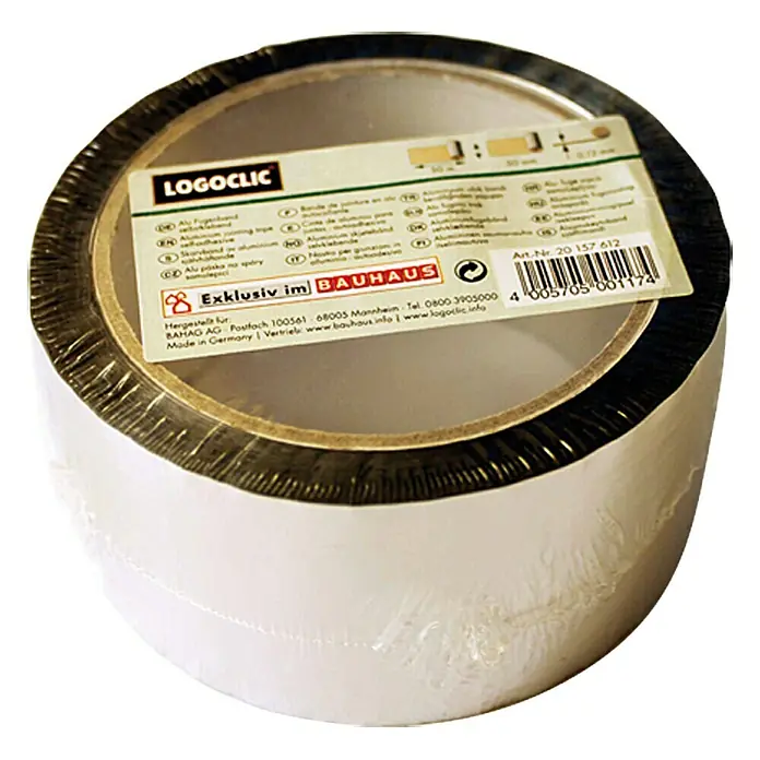 LOGOCLIC Aluminium-KlebebandLänge: 50 m - Bild einer Rolle LOGOCLIC Aluminium Klebeband, exklusiv bei BAUHAUS. Das Band ist in Folie verpackt.