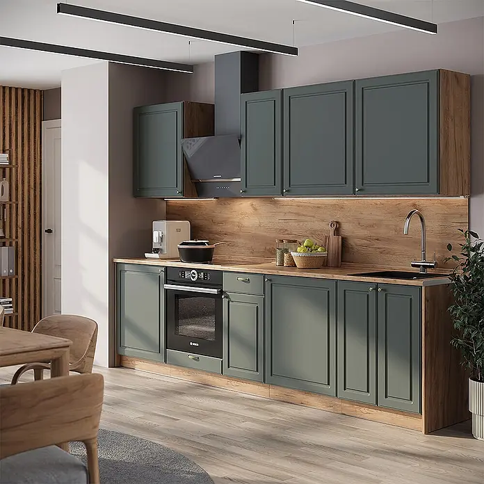 Vicco Küchenzeile - Breite: 280 cm, Grün-Gold Landhaus, Ohne Elektrogeräte - Moderne Küche mit dunkelgrünen Schränken, Arbeitsplatte in Holzoptik, integriertem Ofen und Dunstabzugshaube. Goldene Griffe.