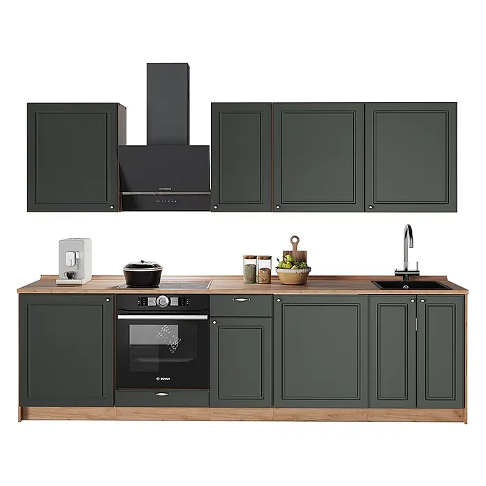 Vicco Küchenzeile - Breite: 280 cm, Grün-Gold Landhaus, Ohne Elektrogeräte - Moderne dunkelgraue Küchenzeile mit Holzplatte, integriertem Ofen und Dunstabzugshaube.
