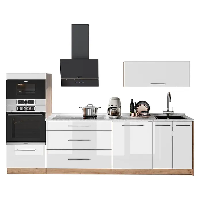 Vicco Küchenzeile - Weiß Hochglanz, Ohne Elektrogeräte - Moderne weiße Hochglanzküche mit Holzsockel, integriertem Backofen, Mikrowelle, Kochfeld, schwarzer Dunstabzugshaube und Spüle.