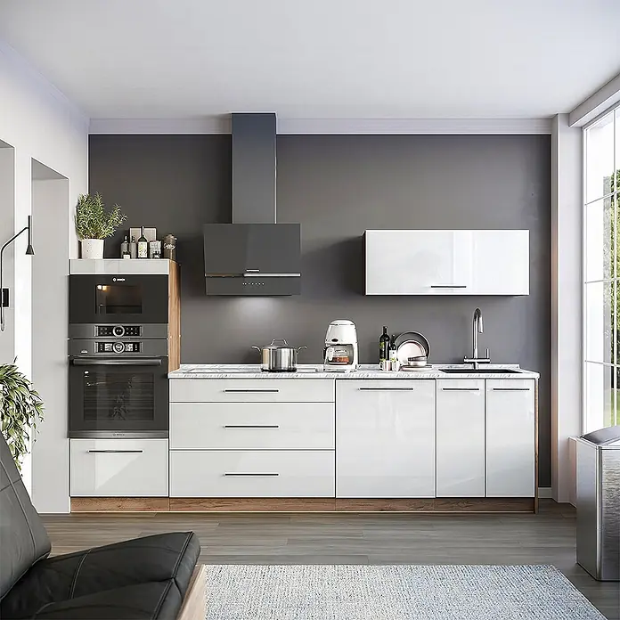 Vicco Küchenzeile - Weiß Hochglanz, Ohne Elektrogeräte - Eine moderne Küche mit glänzend weißen Schränken, Holzakzenten und integrierten Edelstahlgeräten.