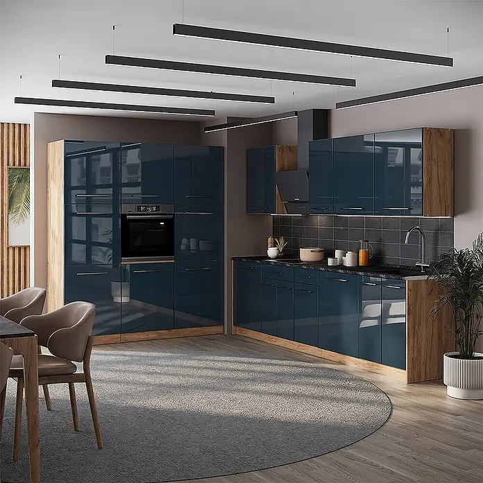 Vicco Küchenzeile - Dunkelblau Hochglanz, Ohne Elektrogeräte - Moderne Küche mit hochglänzenden blauen Schränken und Holzdekoren, inklusive integriertem Backofen und Spüle, in einem zeitgenössischen Wohnambiente.