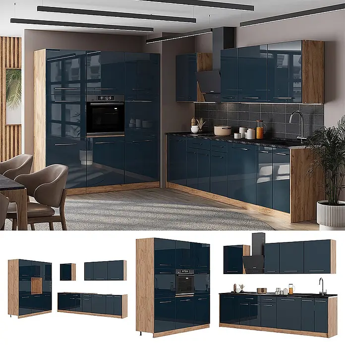 Vicco Küchenzeile - Dunkelblau Hochglanz, Ohne Elektrogeräte - Moderne Küche mit hochglänzenden dunkelblauen Schränken, hellen Holzakzenten, integriertem Backofen, schwarzer Arbeitsplatte, Spüle und Dunstabzugshaube.