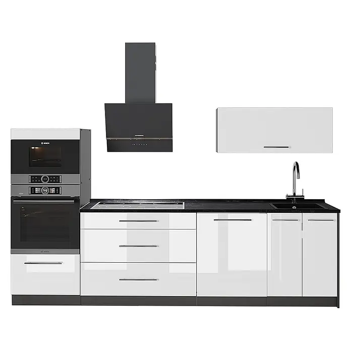 Vicco Küchenzeile - Breite: 280 cm, Weiß Hochglanz, Ohne Elektrogeräte - Moderne weiße Hochglanzküche mit schwarzer Arbeitsplatte, Spüle, Kochfeld, integrierten Bosch-Geräten und Dunstabzugshaube.