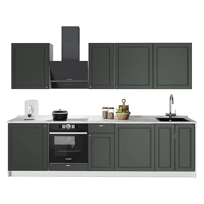 Vicco Küchenzeile - Breite: 280 cm, Grün-Gold Landhaus, Ohne Elektrogeräte - Dunkelgraue Küchenmöbel mit Ober- und Unterschränken, integrierten Geräten und weißer Arbeitsplatte.