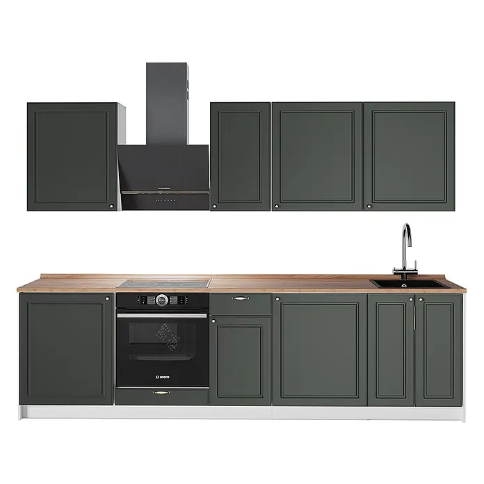 Vicco Küchenzeile - Breite: 280 cm, Grün-Gold Landhaus, Ohne Elektrogeräte - Dunkelgraue Küchenzeile mit Holzplatte, schwarzem Kochfeld, Backofen, Spüle und Dunstabzugshaube.