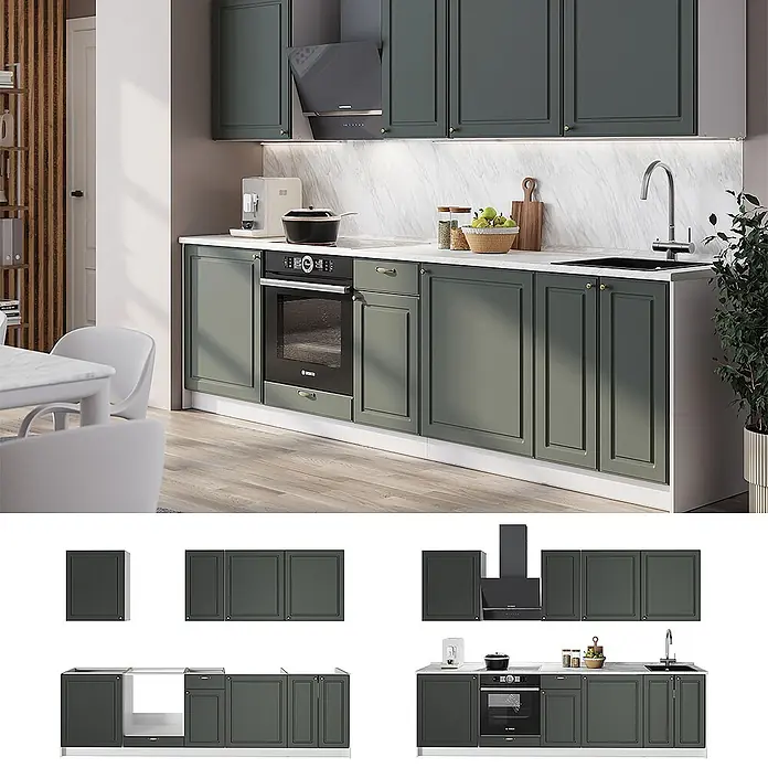 Vicco Küchenzeile - Breite: 280 cm, Grün-Gold Landhaus, Ohne Elektrogeräte - Modulares Küchensystem in Salbeigrün mit Ofen und Spüle, in modernem Ambiente dargestellt.