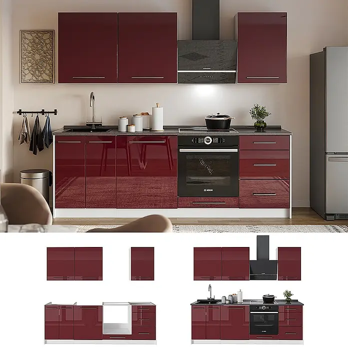 Vicco Küchenzeile - Bordeaux Hochglanz, Ohne Elektrogeräte - Hochglänzende weinrote Küchenschränke als moderne Küche mit Spüle, Backofen und Kochfeld.