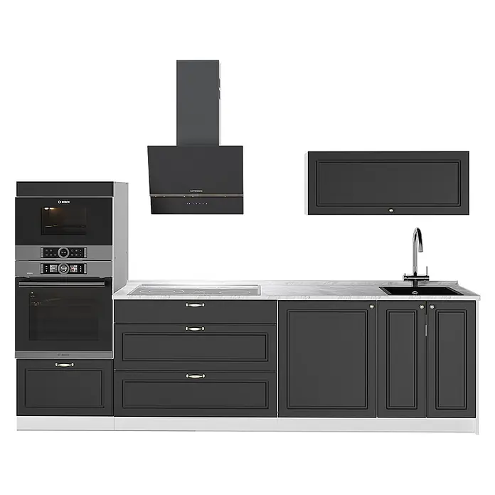Vicco Küchenzeile - Breite: 280 cm, Anthrazit-Gold Landhaus, Ohne Elektrogeräte - Eine moderne dunkelgraue Küchenzeile mit integrierten Bosch-Geräten, weißer Marmor-Arbeitsplatte, Spüle und schwarzer Dunstabzugshaube.