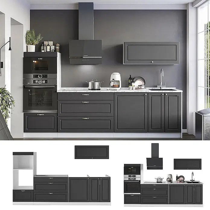 Vicco Küchenzeile - Breite: 280 cm, Anthrazit-Gold Landhaus, Ohne Elektrogeräte - Moderne modulare Küchenschränke in Dunkelgrau mit Einbaugeräten und weißer Arbeitsplatte, in einer modernen Küche installiert.