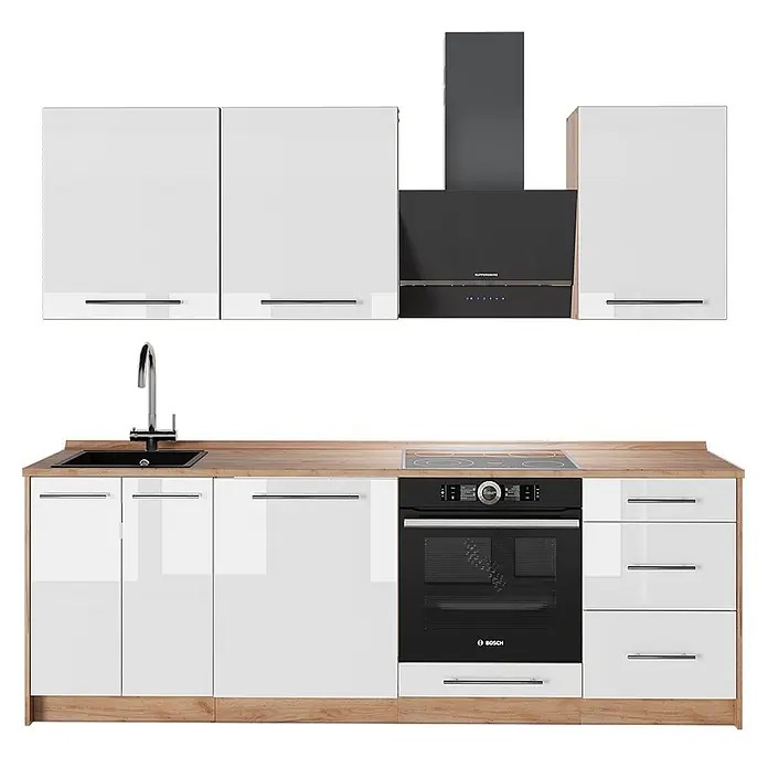 Vicco Küchenzeile - Weiß Hochglanz, Ohne Elektrogeräte - Moderne Küchenzeile mit weißen Hochglanzschränken, heller Holz-Arbeitsplatte, schwarzer Spüle, Backofen, Kochfeld und Dunstabzugshaube.