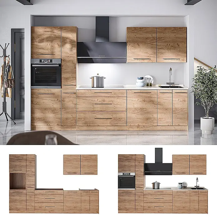 Vicco Küchenzeile - Goldkraft Eiche, Ohne Elektrogeräte - Moderne Holzküche in Eichenoptik mit integriertem schwarzem Backofen, Kochfeld, Spüle und Dunstabzugshaube.