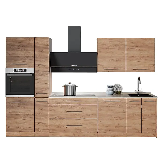 Vicco Küchenzeile - Goldkraft Eiche, Ohne Elektrogeräte - Hellbraune Holzküchengarnitur mit integrierten dunklen Geräten wie Backofen, Kochfeld, Dunstabzug und Spüle.