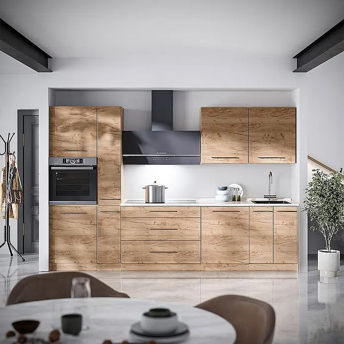 Vicco Küchenzeile - Goldkraft Eiche, Ohne Elektrogeräte - Moderne Küche mit hellen Holzmaserungsschränken, dunklem Backofen und Dunstabzugshaube, weißer Arbeitsplatte mit Spüle und Kochfeld.