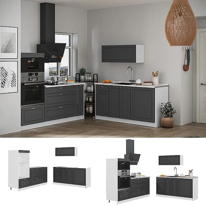 Vicco Küchenzeile - Breite: 340 cm, Anthrazit-Gold Landhaus, Ohne Elektrogeräte
