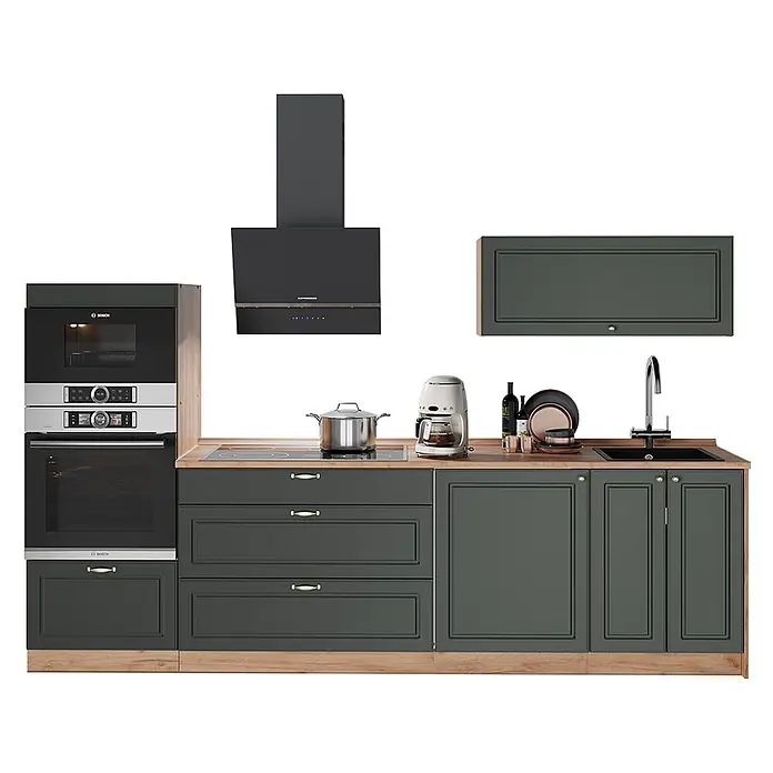 Vicco Küchenzeile - Breite: 280 cm, Grün-Gold Landhaus, Ohne Elektrogeräte - Modulare Küchenzeile in Dunkelgrau mit Holztheke, integrierten Bosch-Geräten und schwarzer Dunstabzugshaube.