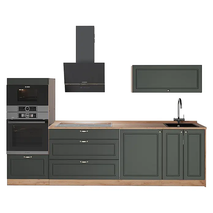 Vicco Küchenzeile - Breite: 280 cm, Grün-Gold Landhaus, Ohne Elektrogeräte - Moderne dunkelgraue Küchenschränke mit Holztheke, Einbauöfen, Induktionskochfeld, Spüle und Dunstabzugshaube.
