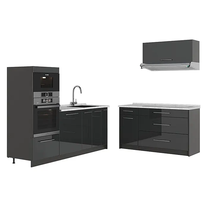 Vicco Küchenzeile - Breite: 340 cm, Anthrazit Hochglanz, Ohne Elektrogeräte - Moderne dunkelgraue Küchenzeile mit Hochglanzfronten, integriertem Bosch-Backofen/Mikrowelle, Spüle und Dunstabzugshaube. Weiße Arbeitsplatten und silberne Griffe.