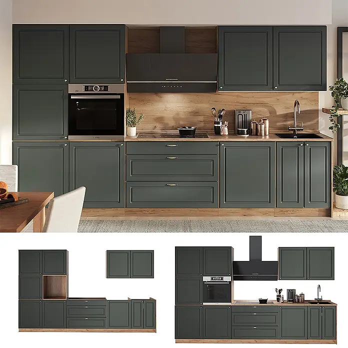 Vicco Küchenzeile - Breite: 340 cm, Grün-Gold Landhaus, Ohne Elektrogeräte - Dunkelgrüne modulare Küche mit Holzakzenten, integriertem Backofen, Kochfeld und Spüle in modernem Design.