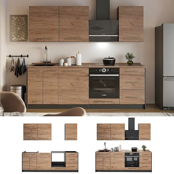 Vicco Küchenzeile - Breite: 230 cm, Goldkraft Eiche, Ohne Elektrogeräte - Modulare Küchenzeile in Holzoptik mit dunkelgrauen Elementen, inklusive Spüle, Backofen und Dunstabzug.
