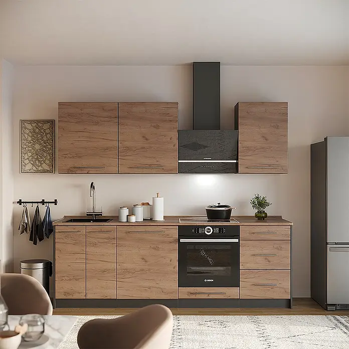 Vicco Küchenzeile - Breite: 230 cm, Goldkraft Eiche, Ohne Elektrogeräte - Moderne Küchenzeile mit Holz-Optik-Schränken, schwarzer Arbeitsplatte, Spüle und integriertem Backofen. Schwarze Dunstabzugshaube.
