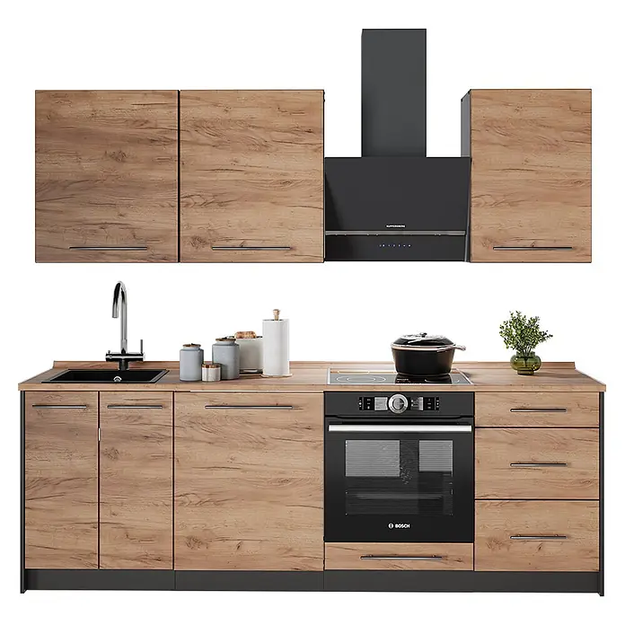 Vicco Küchenzeile - Breite: 230 cm, Goldkraft Eiche, Ohne Elektrogeräte - Moderne Küchenzeile mit hellen Holzschränken, schwarzer Arbeitsplatte, schwarzem Spülbecken und integriertem Backofen, Kochfeld und Dunstabzugshaube.