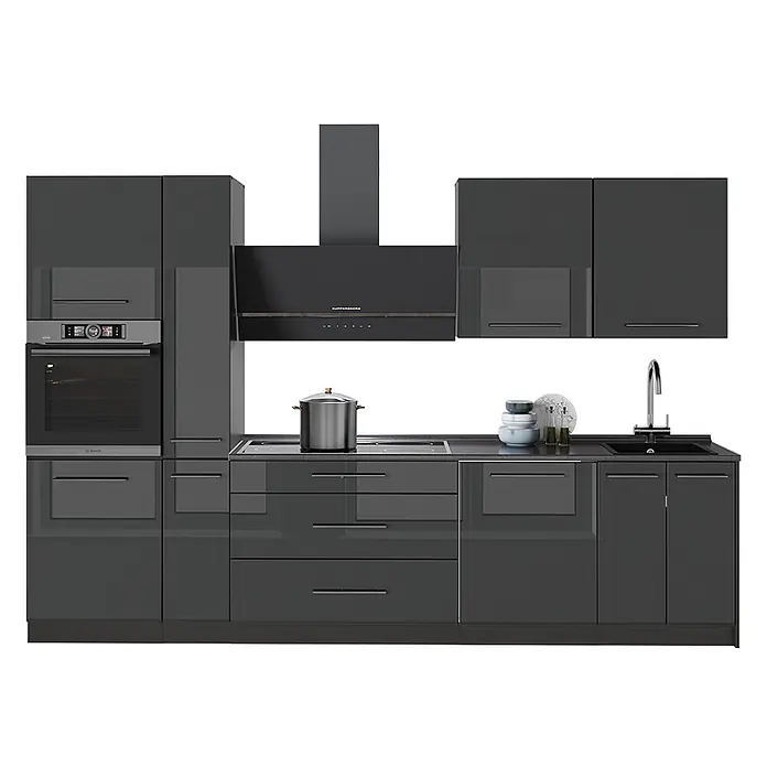 Vicco Küchenzeile - Anthrazit Hochglanz, Ohne Elektrogeräte - Moderne dunkelgraue Hochglanz-Küchenzeile mit integriertem Backofen, Kochfeld, Spüle und Dunstabzugshaube.