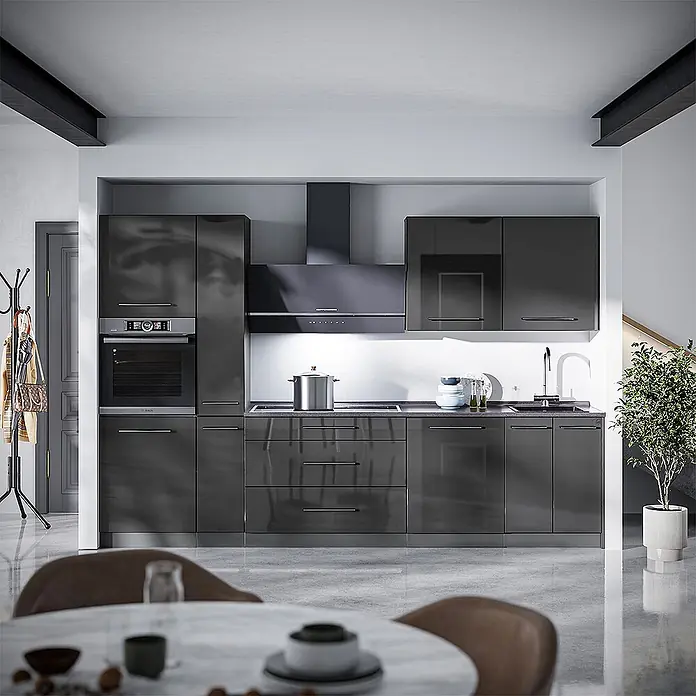 Vicco Küchenzeile - Anthrazit Hochglanz, Ohne Elektrogeräte - Moderne dunkelgraue Hochglanzküche mit integriertem Backofen, Kochfeld und Dunstabzugshaube in einem zeitgenössischen Zuhause.