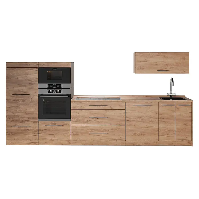 Vicco Küchenzeile - Breite: 340 cm, Goldkraft Eiche, Ohne Elektrogeräte - Moderne Küchenzeile in heller Holzoptik mit integriertem Backofen, Mikrowelle, Kochfeld, Spüle und verschiedenen Schränken.