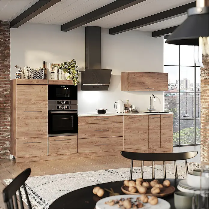 Vicco Küchenzeile - Breite: 340 cm, Goldkraft Eiche, Ohne Elektrogeräte - Moderne Küche mit hellen Holzfronten, integriertem Backofen, Mikrowelle und Dunstabzugshaube.