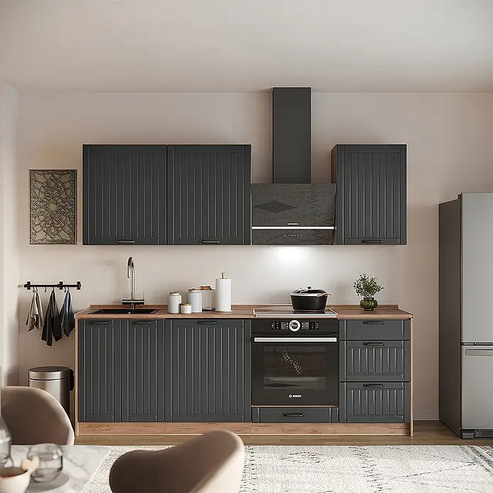 Vicco Küchenzeile - Breite: 230 cm, Dunkelgrau, Ohne Elektrogeräte - Dunkelgraue Modulküche mit Holztheke, integriertem Backofen und Dunstabzugshaube.