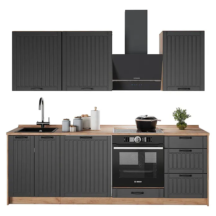 Vicco Küchenzeile - Breite: 230 cm, Dunkelgrau, Ohne Elektrogeräte - Komplette Küchenzeile mit anthrazitfarbenen Lamellenschränken, heller Holzplatte, integrierter Spüle, Kochfeld, Ofen und Dunstabzugshaube.