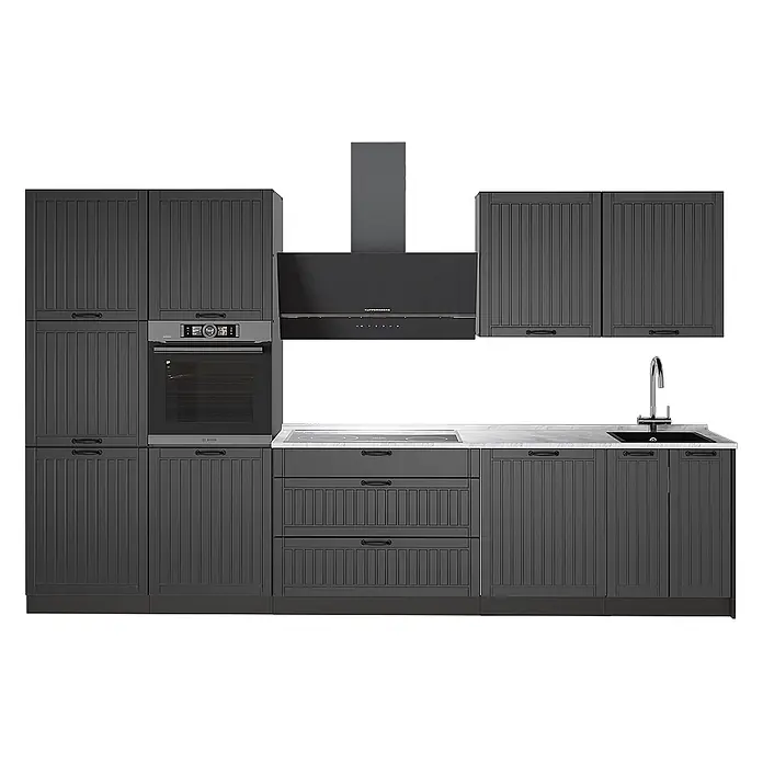 Vicco Küchenzeile - Breite: 340 cm, Dunkelgrau, Ohne Elektrogeräte - Dunkelgraue Küchenschränke mit geriffelten Fronten, weißer Arbeitsplatte, integriertem Backofen, Kochfeld, Spüle und Dunstabzugshaube.