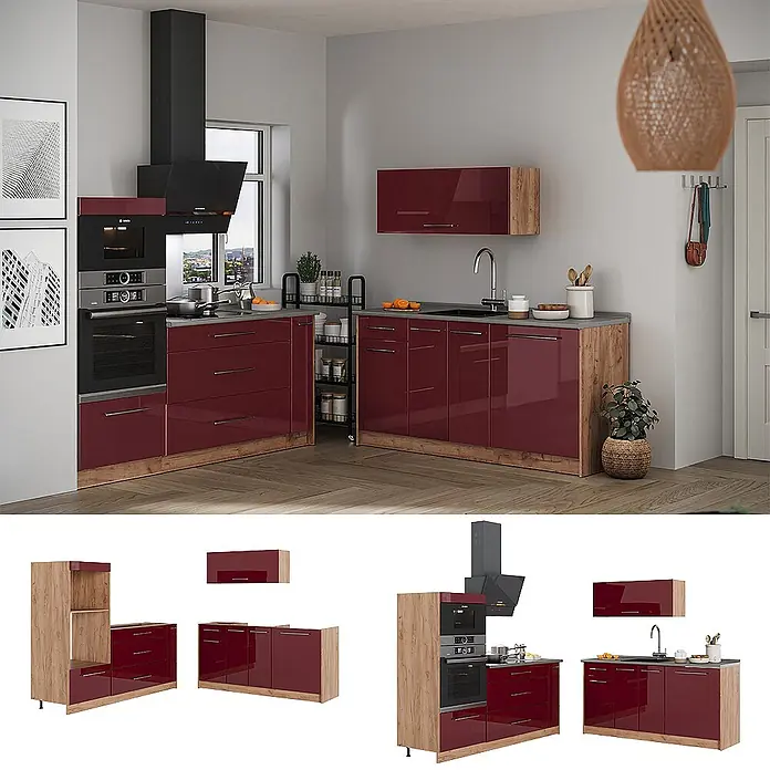 Vicco Küchenzeile - Breite: 340 cm, Bordeaux Hochglanz, Ohne Elektrogeräte - Moderne Küche mit glänzenden weinroten Fronten und hellen Holzdetails, inklusive Einbaugeräten und L-förmigem Design.