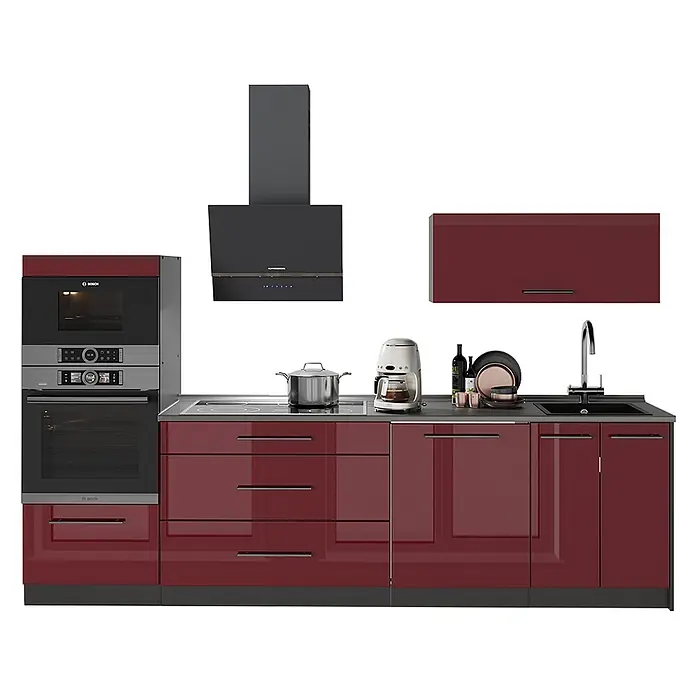 Vicco Küchenzeile - Breite: 280 cm, Bordeaux Hochglanz, Ohne Elektrogeräte - Modulare Küche mit glänzenden bordeauxroten Schränken, dunkler Arbeitsplatte, integrierten Geräten, Spüle und Dunstabzugshaube.