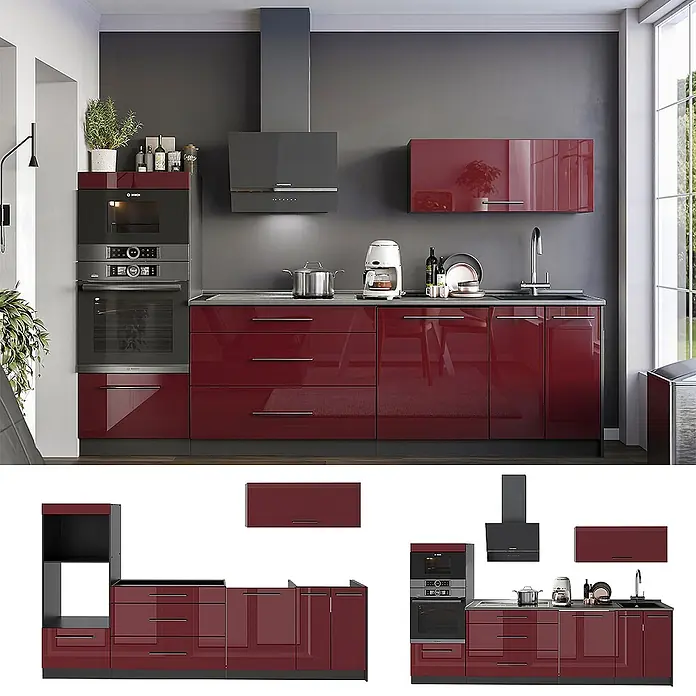 Vicco Küchenzeile - Breite: 280 cm, Bordeaux Hochglanz, Ohne Elektrogeräte - Moderne Modulküche mit hochglänzenden weinroten Fronten und dunkelgrauen Elementen, inklusive integrierter Geräte.
