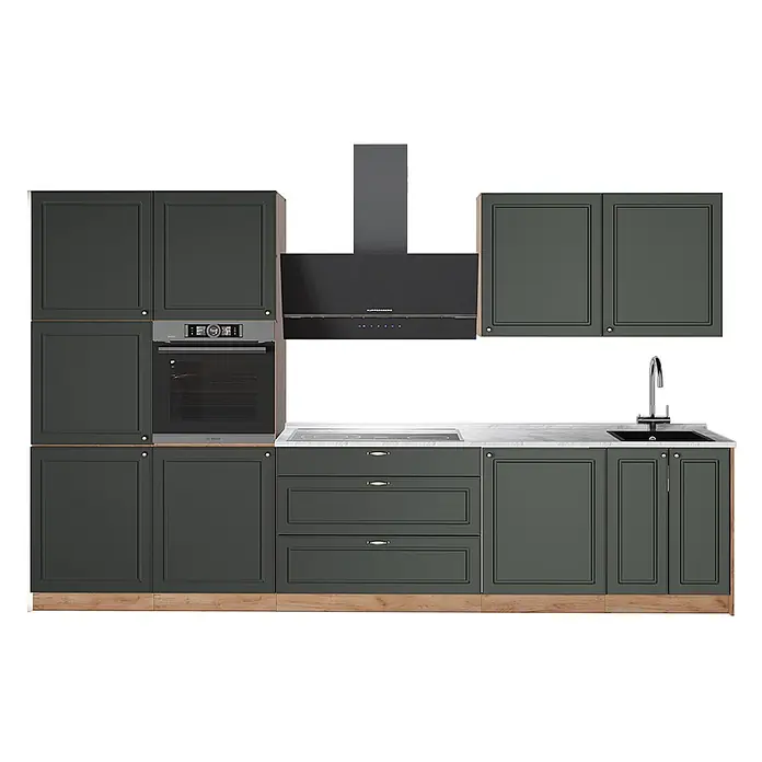 Vicco Küchenzeile - Breite: 340 cm, Grün-Gold Landhaus, Ohne Elektrogeräte - Moderne dunkelgraue Küchenschränke mit Paneeldetails, integriertem Ofen, Kochfeld, Spüle und Dunstabzug, mit Marmorarbeitsplatten und hellem Holzsockel.