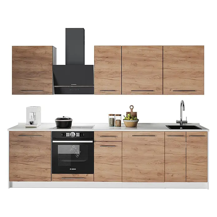 Vicco Küchenzeile - Goldkraft Eiche, Ohne Elektrogeräte - Moderne Küchenzeile mit Holzoptik-Schränken, schwarzen Geräten (Ofen, Kochfeld, Dunstabzug, Spüle) und weißer Arbeitsplatte.