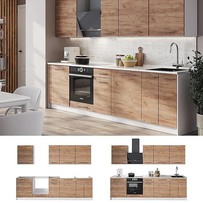 Vicco Küchenzeile - Goldkraft Eiche, Ohne Elektrogeräte - Moderne Küche mit Holzoptik-Schränken und weißer Arbeitsplatte, modular aufgebaut für vielseitige Anordnung.