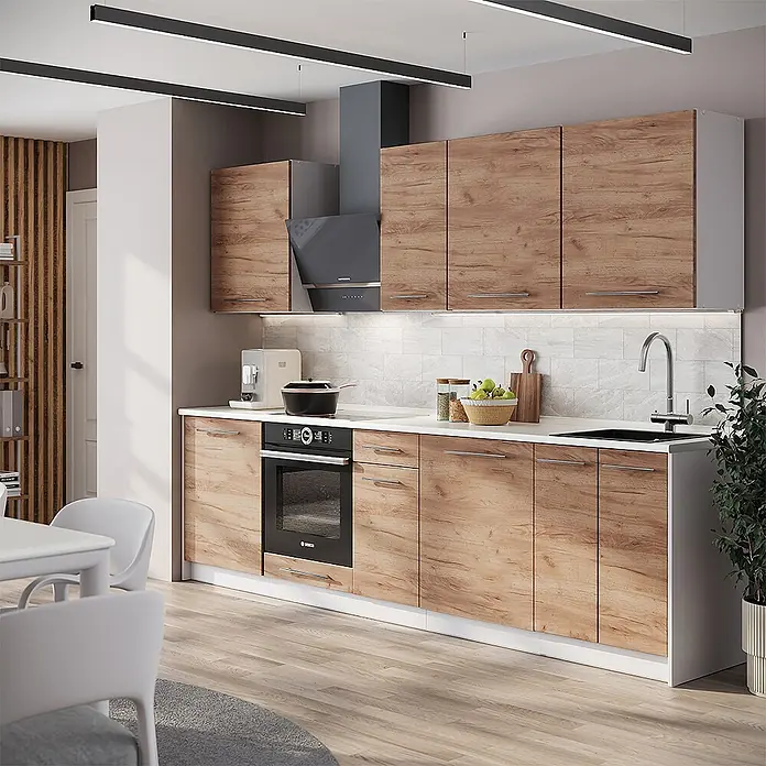 Vicco Küchenzeile - Goldkraft Eiche, Ohne Elektrogeräte - Moderne Küche mit Holzschränken, weißen Arbeitsplatten, Einbauherd und Spüle in funktionaler Anordnung.