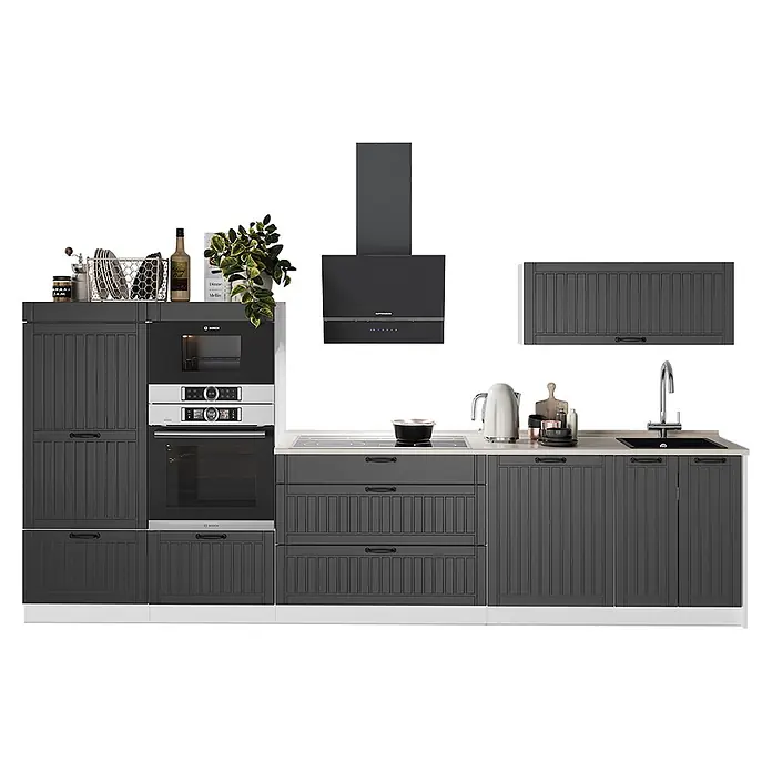 Vicco Küchenzeile - Breite: 340 cm, Dunkelgrau, Ohne Elektrogeräte - Dunkelgraue Küchenmöbel mit geriffelten Paneeltüren, Einbaugeräten wie Backofen, Mikrowelle, Kochfeld, Spüle und Dunstabzugshaube.
