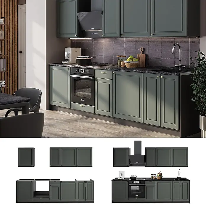 Vicco Küchenzeile - Breite: 280 cm, Grün-Gold Landhaus, Ohne Elektrogeräte - Salbeigrüne modulare Küchenschrank-Set mit integriertem Backofen und Spüle, bestehend aus Unter- und Oberschränken, in einer modernen Küche.