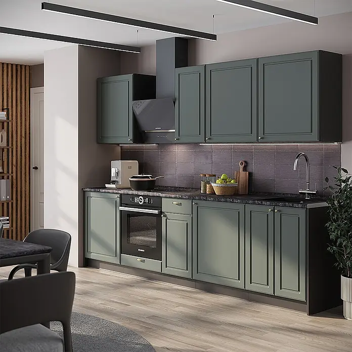 Vicco Küchenzeile - Breite: 280 cm, Grün-Gold Landhaus, Ohne Elektrogeräte - Moderne dunkelgrüne Küchenschränke mit Goldgriffen und dunkler Arbeitsplatte in zeitgemäßer Küchenumgebung.