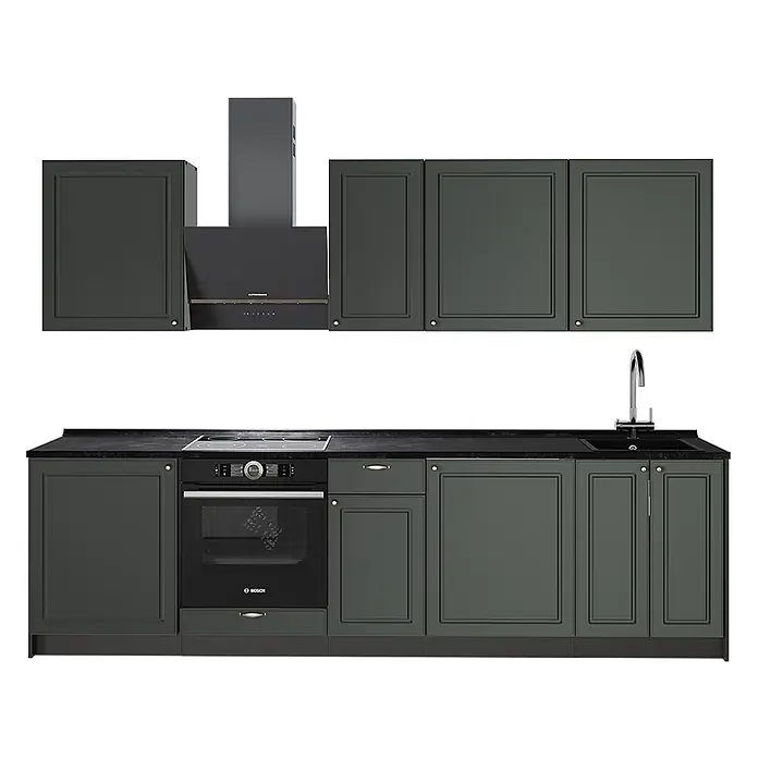 Vicco Küchenzeile - Breite: 280 cm, Grün-Gold Landhaus, Ohne Elektrogeräte - Komplette dunkelgraue Küchenzeile mit Ober- und Unterschränken, Einbauofen, Kochfeld, Spüle und Dunstabzugshaube.