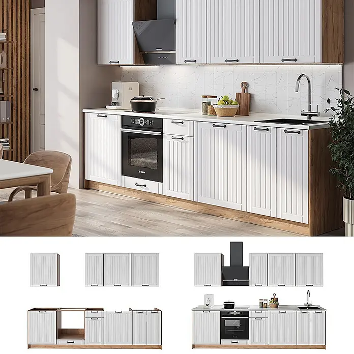 Vicco Küchenzeile - Breite: 280 cm, Weiß Landhaus, Ohne Elektrogeräte - Modulare Küchenschrank-Set mit weißen Lamellenfronten, braunem Holzsockel und integriertem Backofen, Spüle und Dunstabzug.