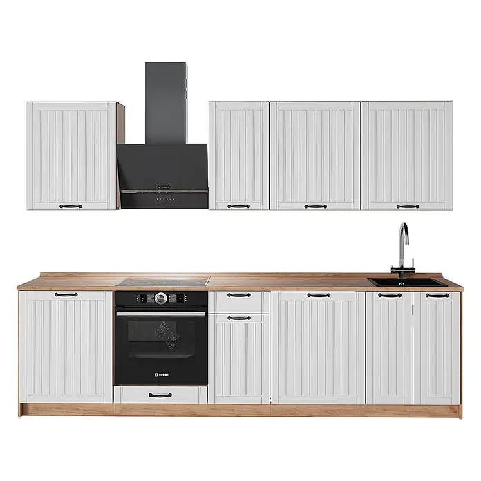 Vicco Küchenzeile - Breite: 280 cm, Weiß Landhaus, Ohne Elektrogeräte - Weiße Küchenschränke mit vertikaler Verkleidung, heller Holzplatte, integriertem schwarzen Kochfeld, Backofen, Spüle und Dunstabzugshaube.